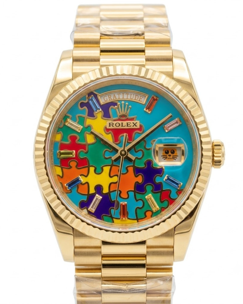 Rolex Day-Date Multicolour Puzzle Gratitude Enamel Dial Baguette Markers Yellow Gold On President Bracelet
