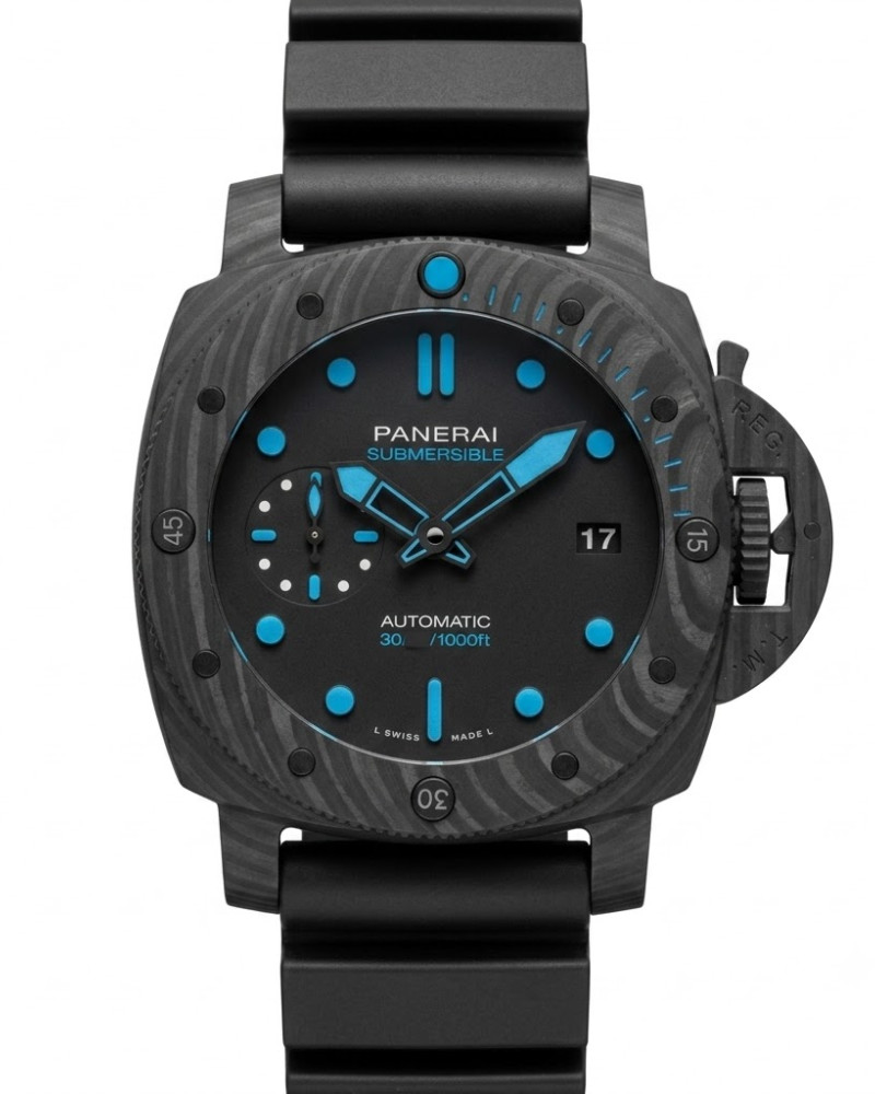 Panerai Submersible Carbotech Black Dial Blue Accents On Black Rubber Bracelet