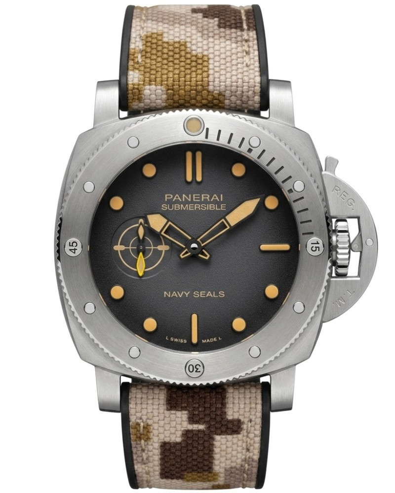 Panerai Submersible Navy SEALs Brown Dial Orange Markers Steel Case On Desert Camo Fabric Strap