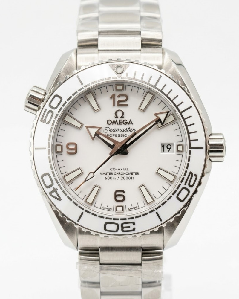 Omega Seamaster Planet Ocean White Dial White Ceramic Bezel On Steel Bracelet