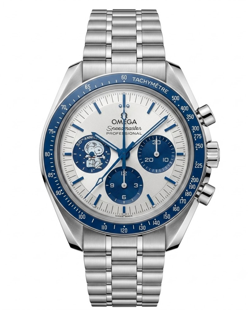 Omega Speedmaster Professional Moonwatch Snoopy 50th Anniversary Silver Dial Blue Bezel On Steel Bracelet