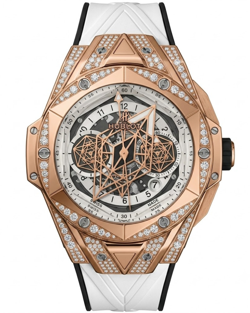 Hublot Big Bang Sang Bleu II Skeleton Dial Rose Gold Diamond Case On White Rubber Strap