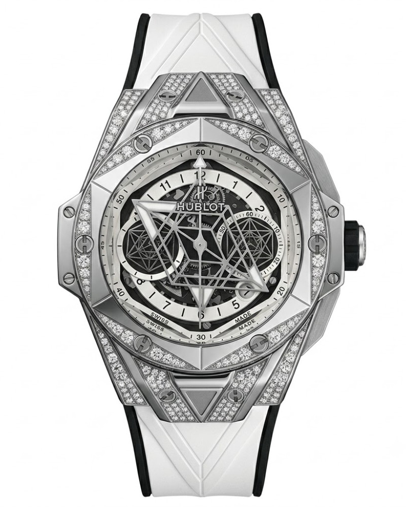 Hublot Big Bang Sang Bleu II Skeleton Dial Steel Diamond Case On White Rubber Strap