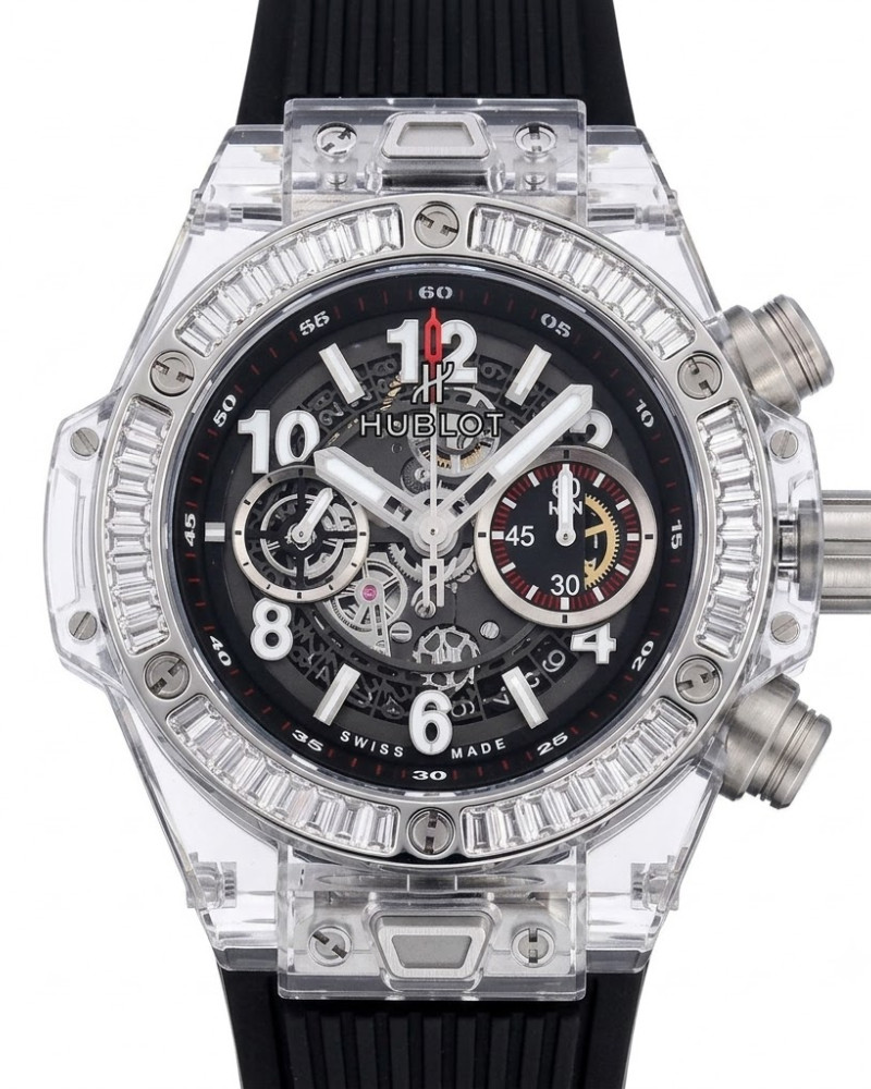 Hublot Big Bang Unico Sapphire Crystal Skeleton Dial Baguette Diamond Bezel On Black Rubber Strap