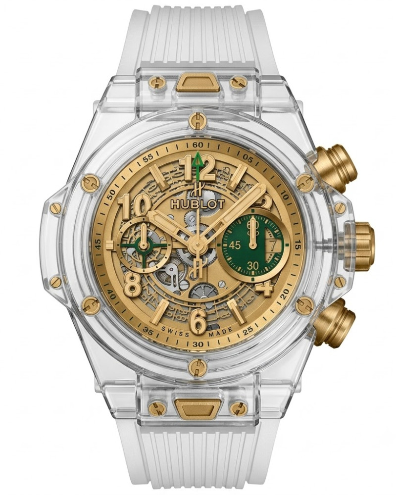 Hublot Big Bang Unico Sapphire Gold Skeleton Dial On White Transparent Rubber Strap