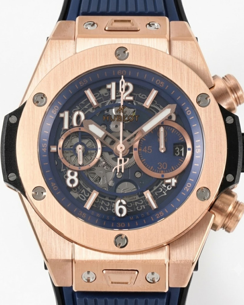 Hublot Big Bang Unico Skeleton Blue Dial Rose Gold On Rubber Strap
