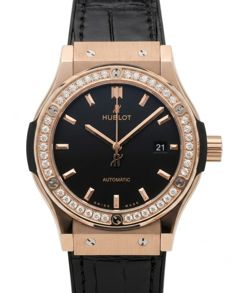 Hublot Classic Fusion Black Dial Rose Gold Diamond Bezel On Black Leather Strap