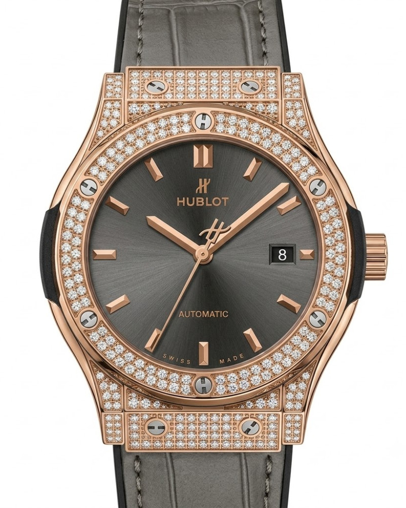 Hublot Classic Fusion Grey Dial Rose Gold Full Diamond Case On Grey Leather Strap