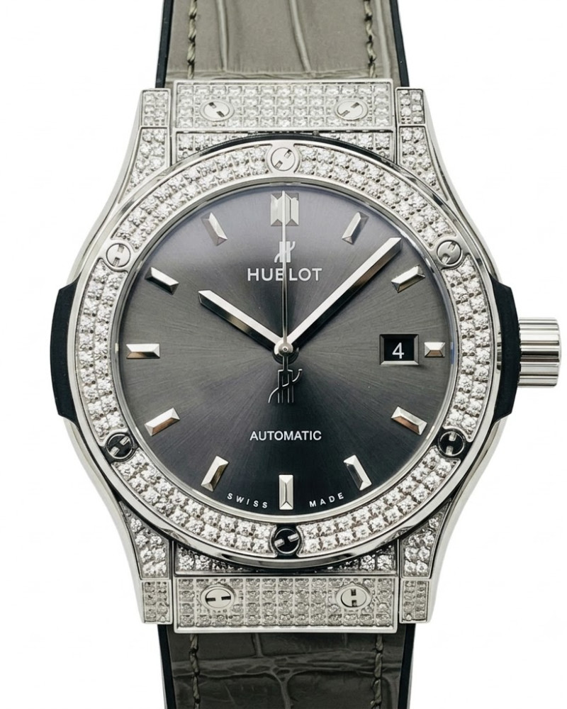 Hublot Classic Fusion Grey Dial Steel Full Diamond Case On Grey Leather Strap