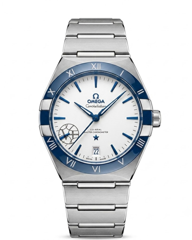 Omega Constellation Co-Axial Master Chronometer Steel White Dial Blue Ceramic Bezel On Steel Bracelet