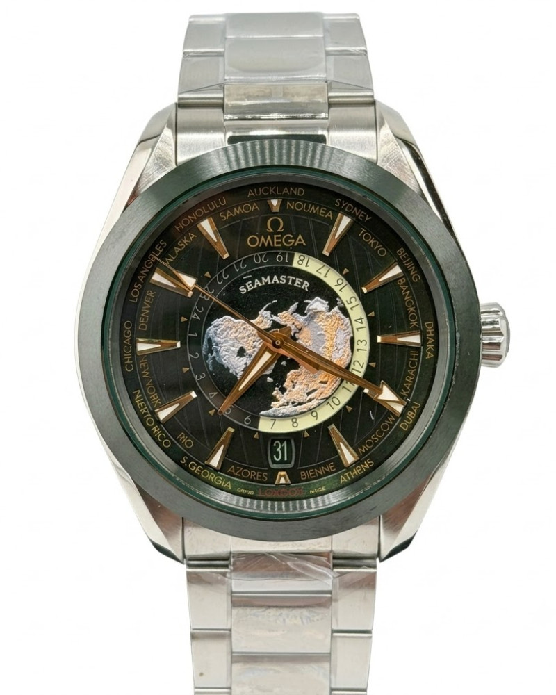 Omega Seamaster Aqua Terra GMT Worldtimer Black Dial Earth Map Motif Green Ceramic Bezel On Steel Bracelet