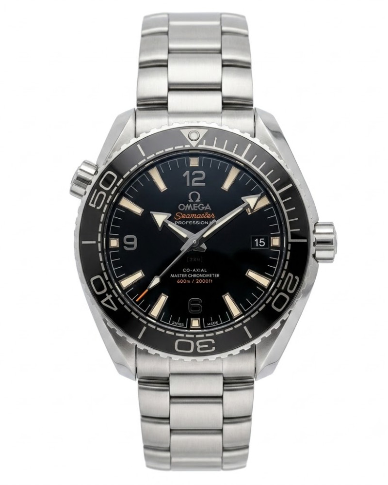 Omega Seamaster Planet Ocean Black Dial Black Ceramic Bezel Rose Gold Hands On Steel Bracelet