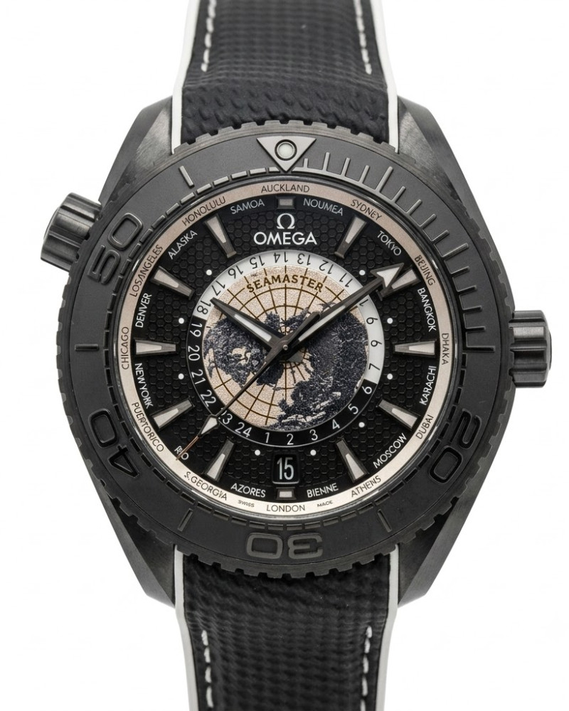 Omega Seamaster Planet Ocean Deep Black GMT World Timer Antarctic Map Dial On Black Rubber Strap