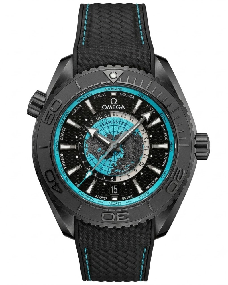 Omega Seamaster Planet Ocean Deep Black GMT World Timer Turquoise Antarctic Map Dial On Black Rubber Strap