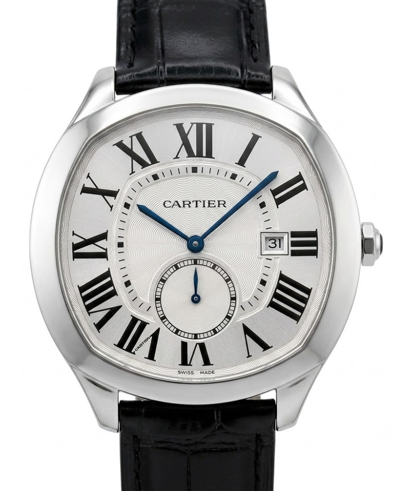 Cartier Drive de Cartier Silver Guilloché Dial Roman Numerals Steel Case On Black Leather Strap