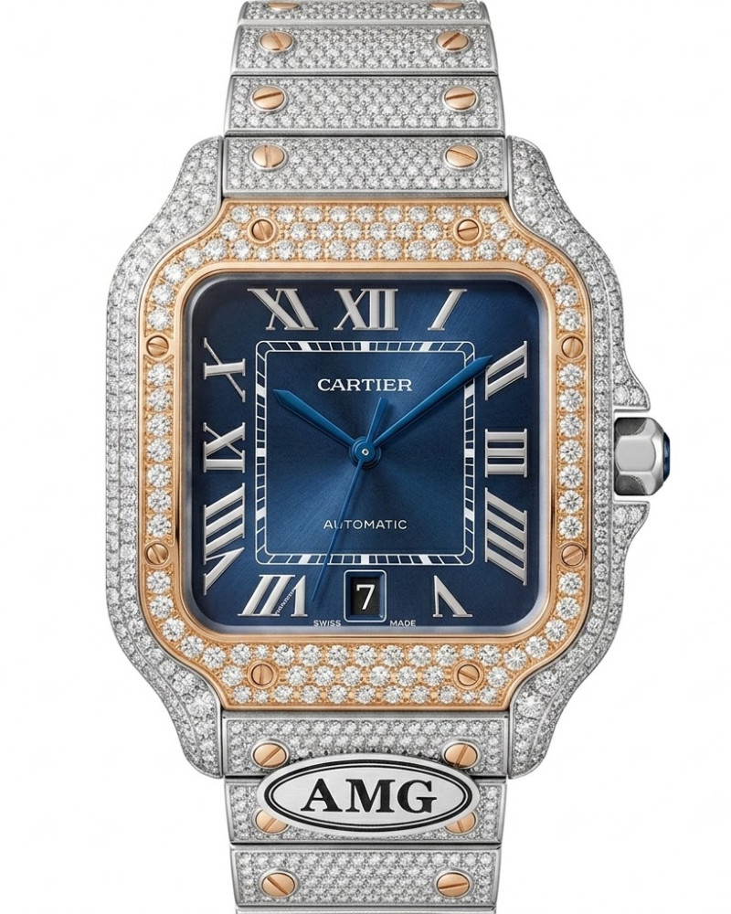Cartier Santos De Cartier Full Diamond Iced Out Two-Tone Blue Dial On Diamond Bracelet