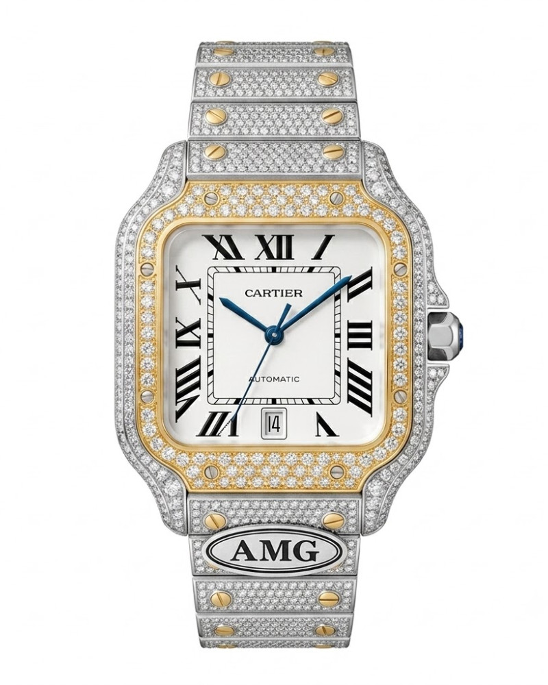 Cartier Santos De Cartier Full Diamond Iced Out Two-Tone White Dial On Diamond Bracelet