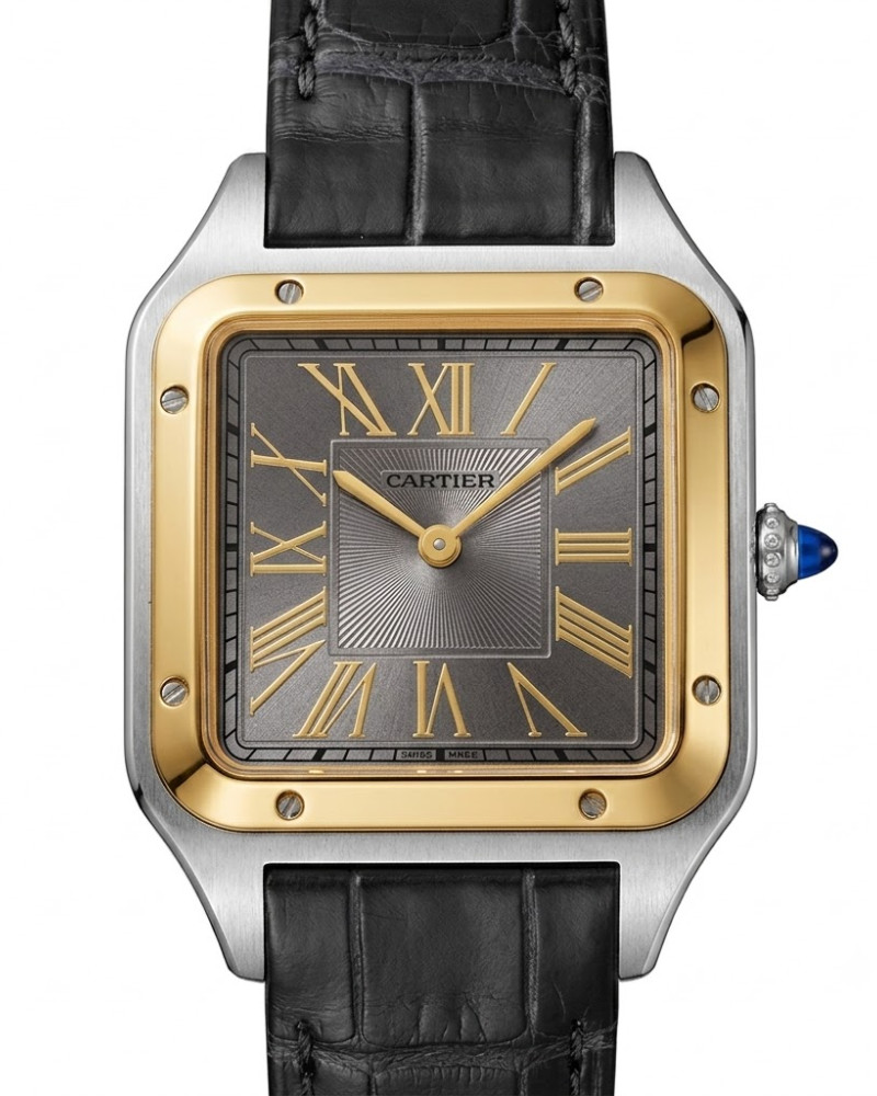 Cartier Santos-Dumont Large Two-Tone Steel and Yellow Gold Grey Dial On Leather Strap