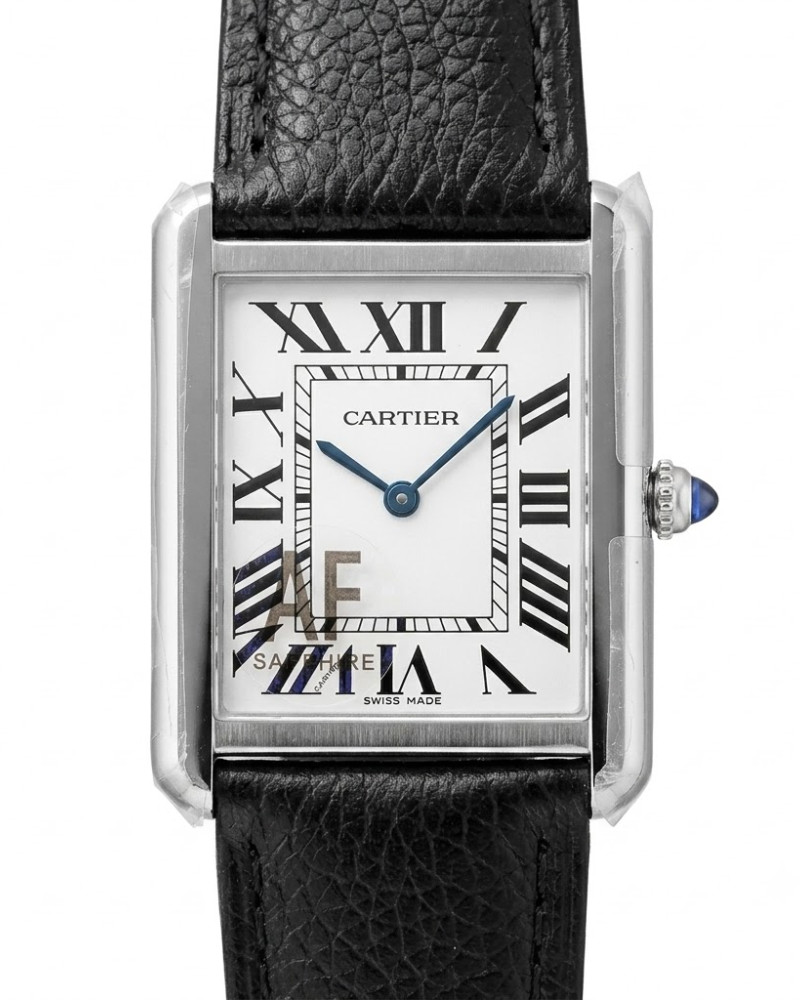 Cartier Tank Solo White Dial Roman Numerals Steel Case On Black Leather Strap