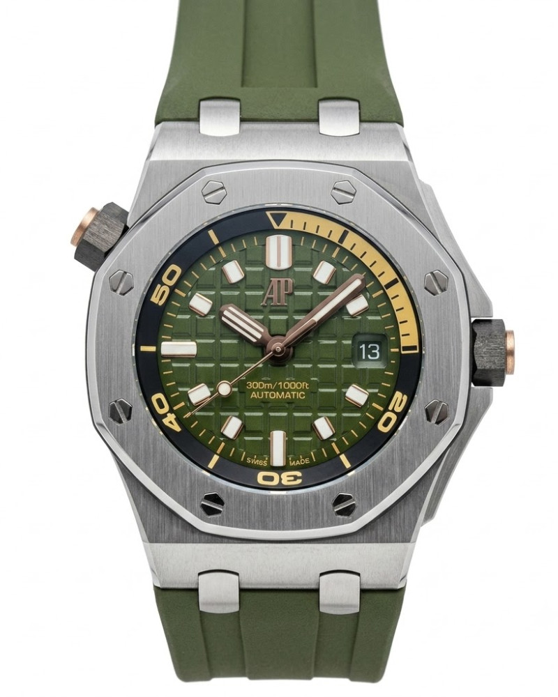Audemars Piguet Royal Oak Offshore Diver Green Dial Steel Bezel On Green Rubber Strap