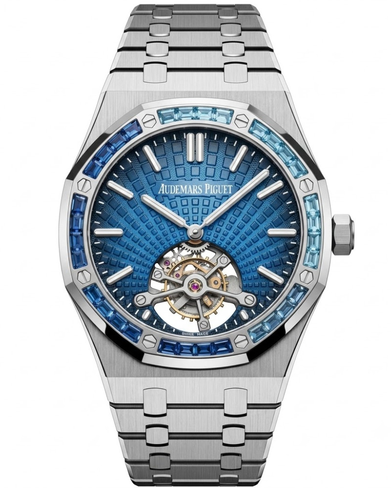 Audemars Piguet Royal Oak Tourbillon Blue Sapphire Bezel Blue Dial On Steel Bracelet