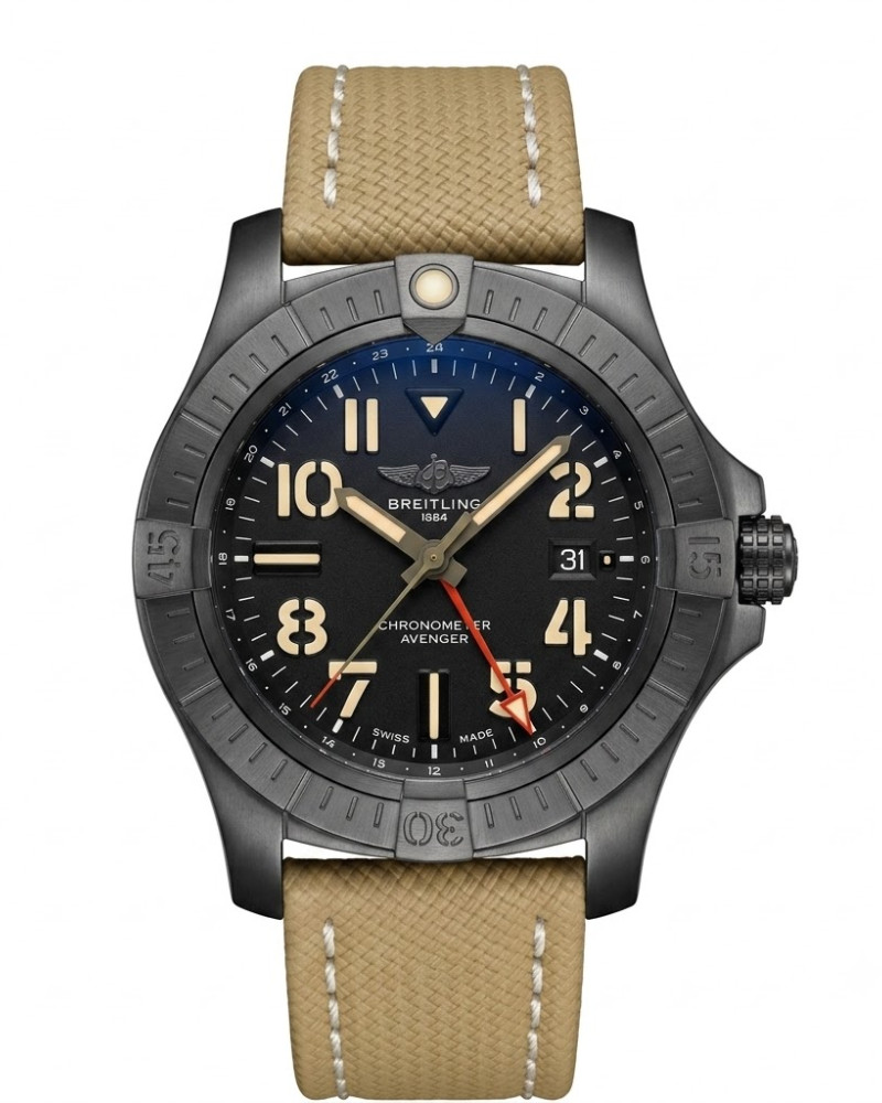 Breitling Avenger Black Dial Black PVD/DLC Bezel On Tan Canvas Strap