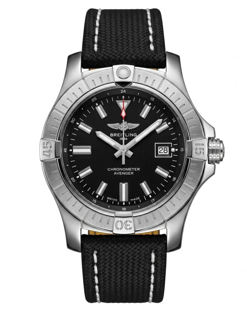 Breitling Avenger Black Dial Steel Bezel On Black Rubber Strap