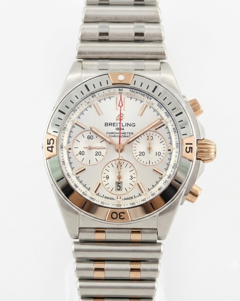 BREITLING  Breitling Chronomat B01 42 Silver Dial Two-Tone Rose Gold Bezel On Steel Bracelet