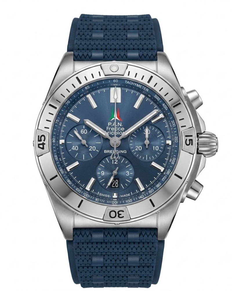 Breitling Chronomat B01 42 "Frecce Tricolori" Blue Dial Steel Bezel On Blue Rubber Strap