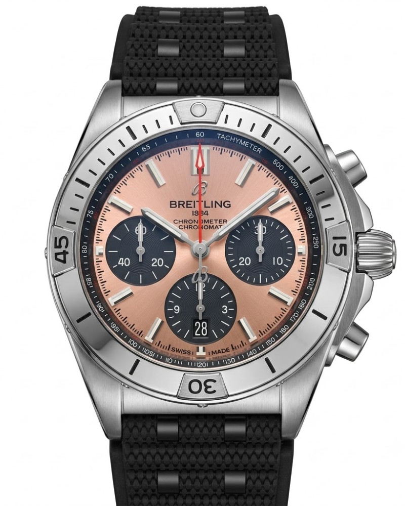 Breitling Chronomat B01 42 Salmon/Pink Dial Steel Bezel On Black Rubber Strap
