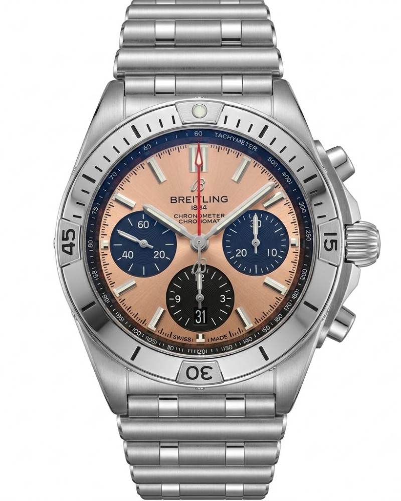Breitling Chronomat B01 42 Salmon/Pink Dial Steel Bezel On Steel Bracelet