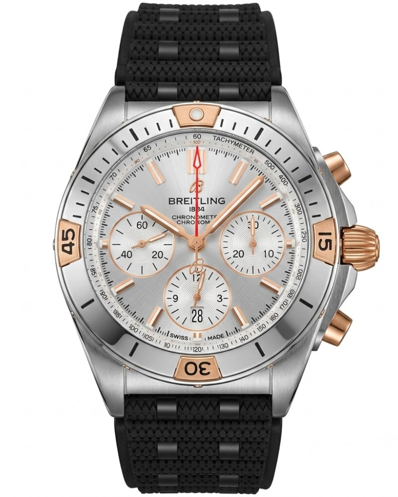Breitling Chronomat B01 42 Silver Dial Two-Tone Rose Gold Bezel On Black Rubber Strap
