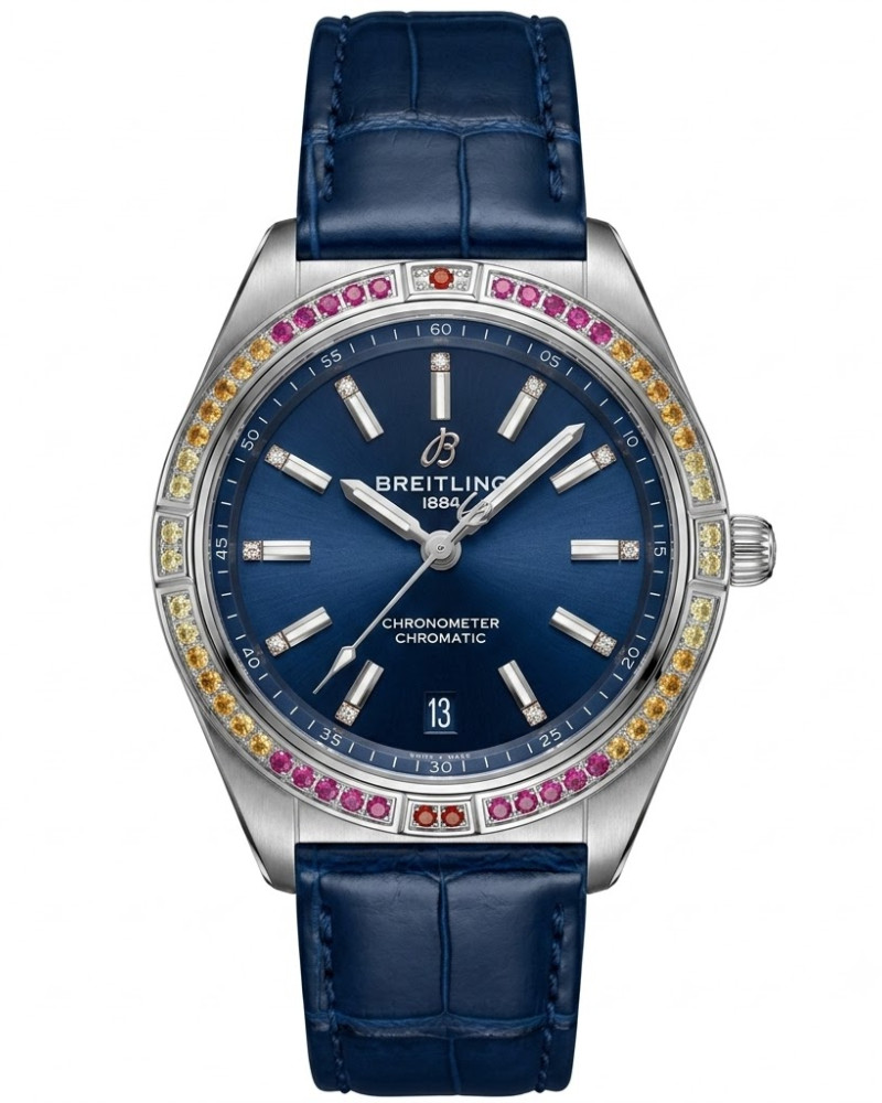Breitling Chronomat Blue Dial Multi-Color Gem-Set Bezel On Blue Leather Strap