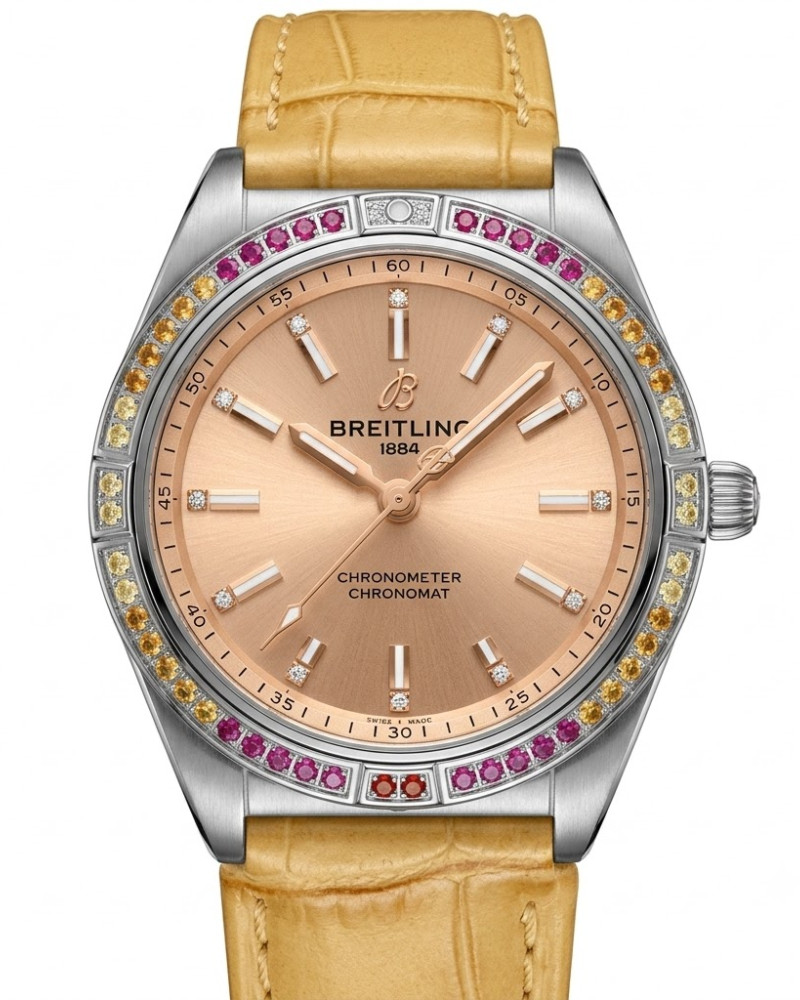 Breitling Chronomat Champagne Dial Multi-Color Gem-Set Bezel On Yellow Leather Strap