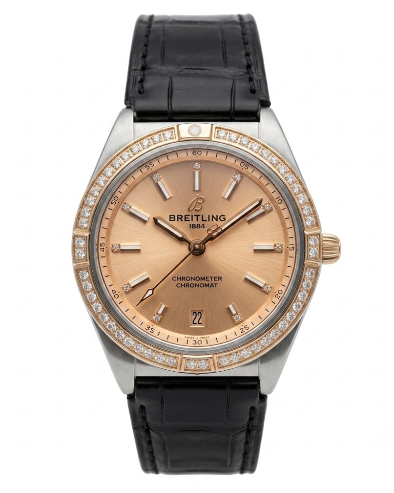 Breitling Chronomat Rose Gold Dial Diamond Bezel On Black Leather Strap