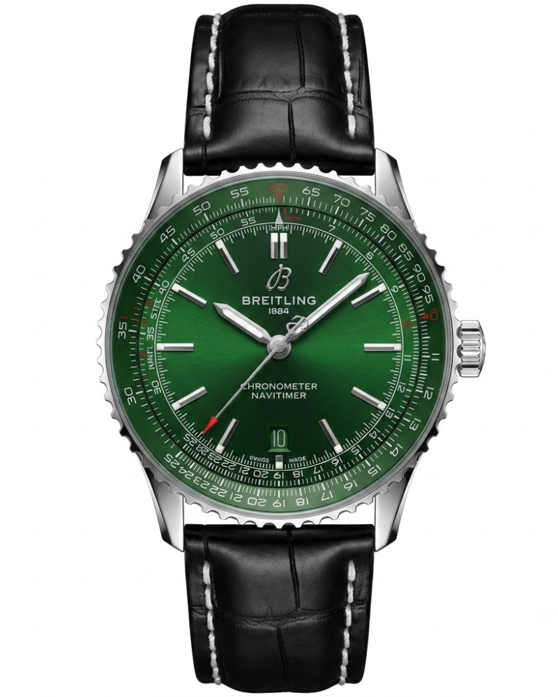 Breitling Navitimer Green Dial Steel Bezel On Black Leather Strap