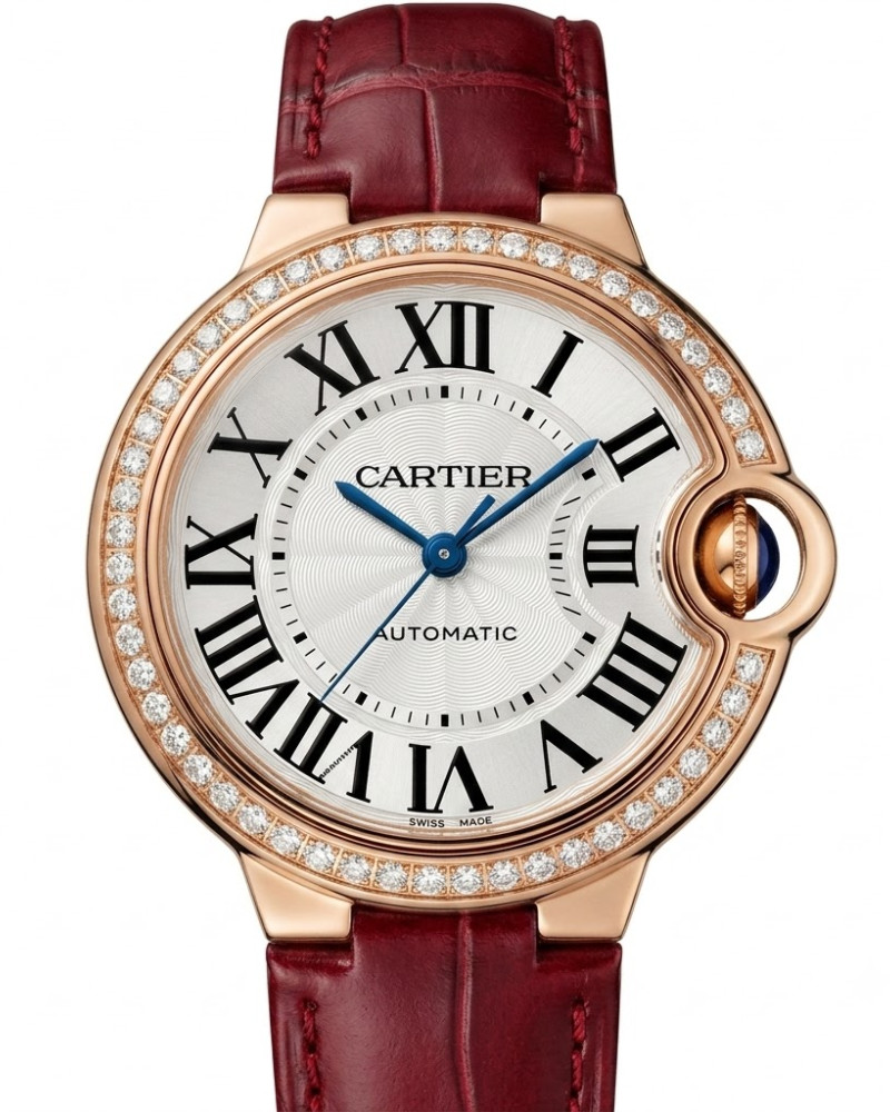 Cartier Ballon Bleu De Cartier Rose Gold Diamond Bezel White Dial On Burgundy Leather Strap