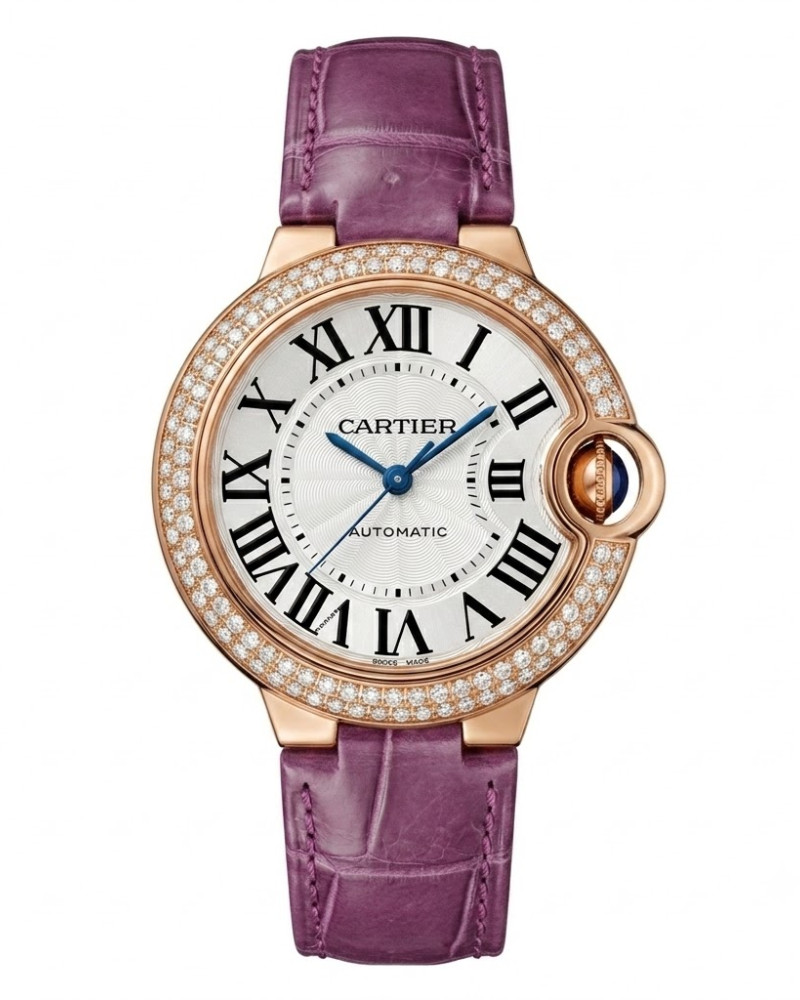 Cartier Ballon Bleu De Cartier Rose Gold Diamond Bezel White Dial On Purple Leather Strap