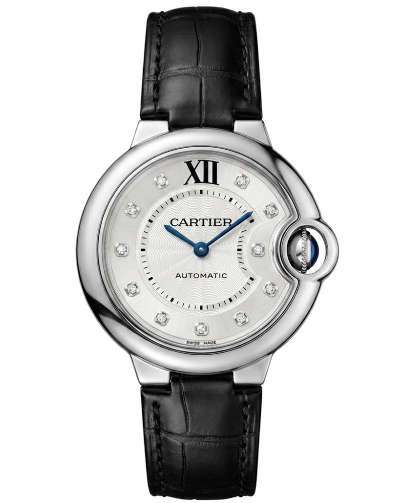 Cartier Ballon Bleu De Cartier Steel Diamond Dial On Black Leather Strap