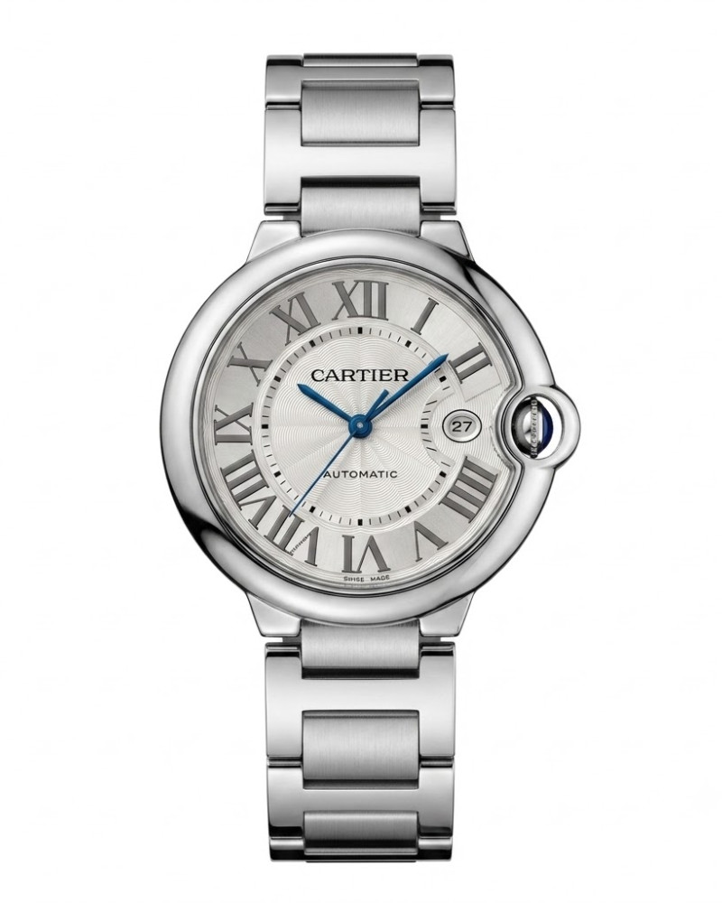 Cartier Ballon Bleu Silver Guilloché Dial Roman Numerals Steel Case On Steel Bracelet