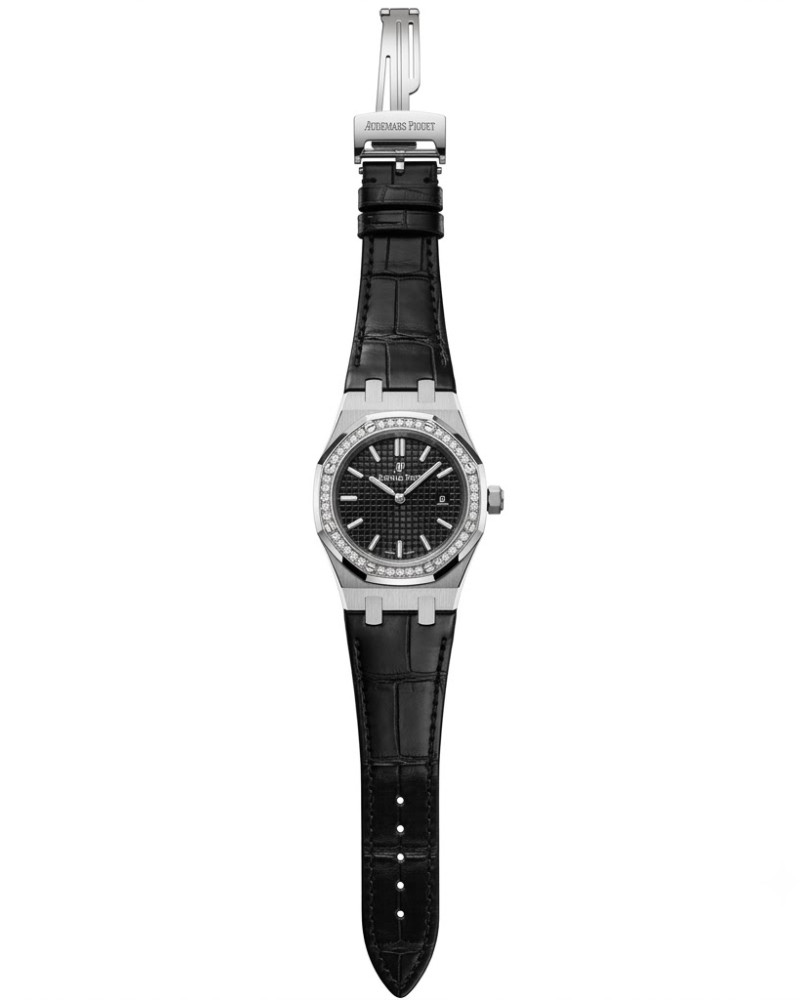 Audemars Piguet Royal Oak Lady Black Dial Diamond Bezel On Black Leather Strap
