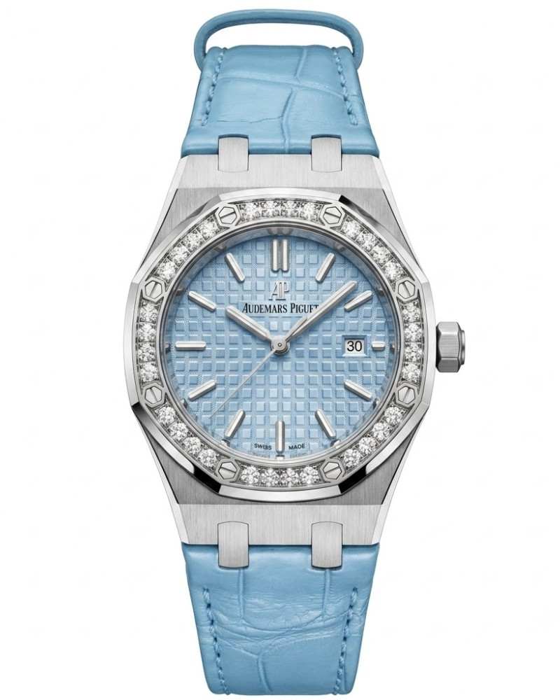 Audemars Piguet Royal Oak Lady Light Blue Dial Diamond Bezel On Light Blue Leather Strap