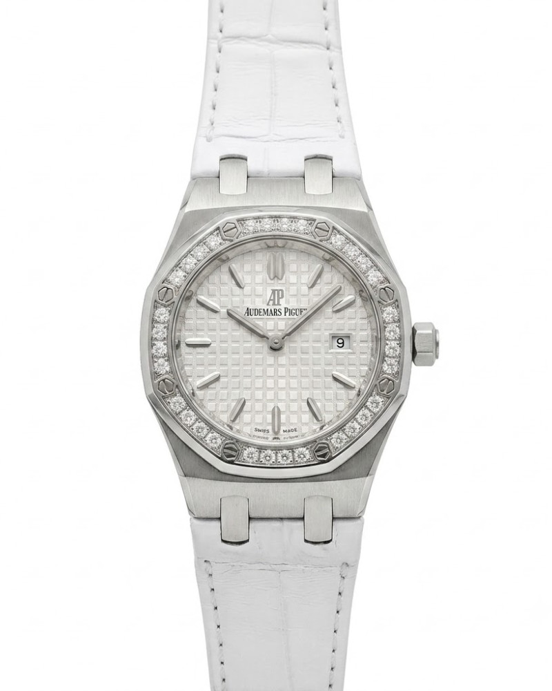 Audemars Piguet Royal Oak Lady White Dial Diamond Bezel On White Leather Strap