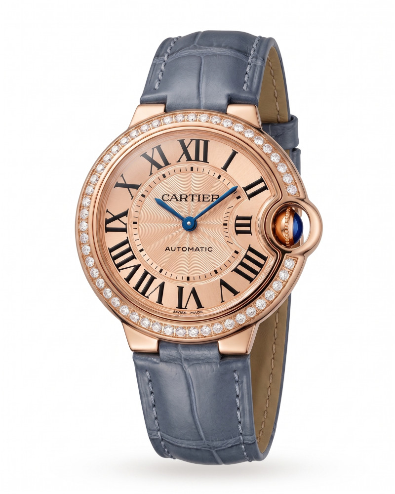 Cartier Ballon Bleu De Cartier Rose Gold Diamond Bezel Champagne Dial On Leather Strap