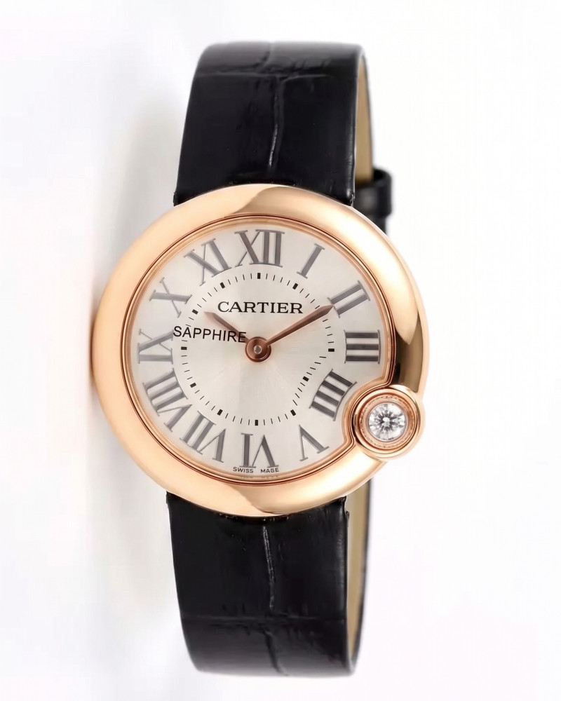 Cartier Ballon Blanc De Cartier Rose Gold White Dial On Black Leather Strap