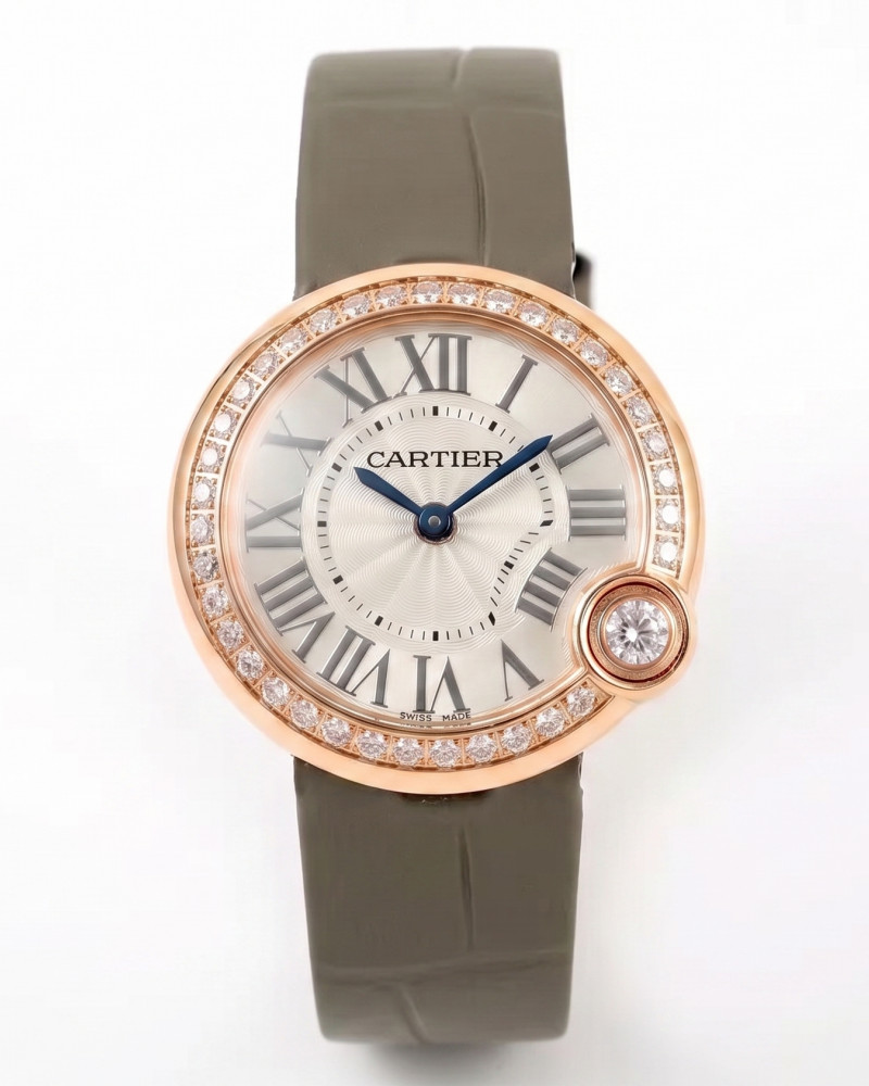 Cartier Ballon Blanc De Cartier Rose Gold Diamond Bezel White Dial On Grey Leather Strap