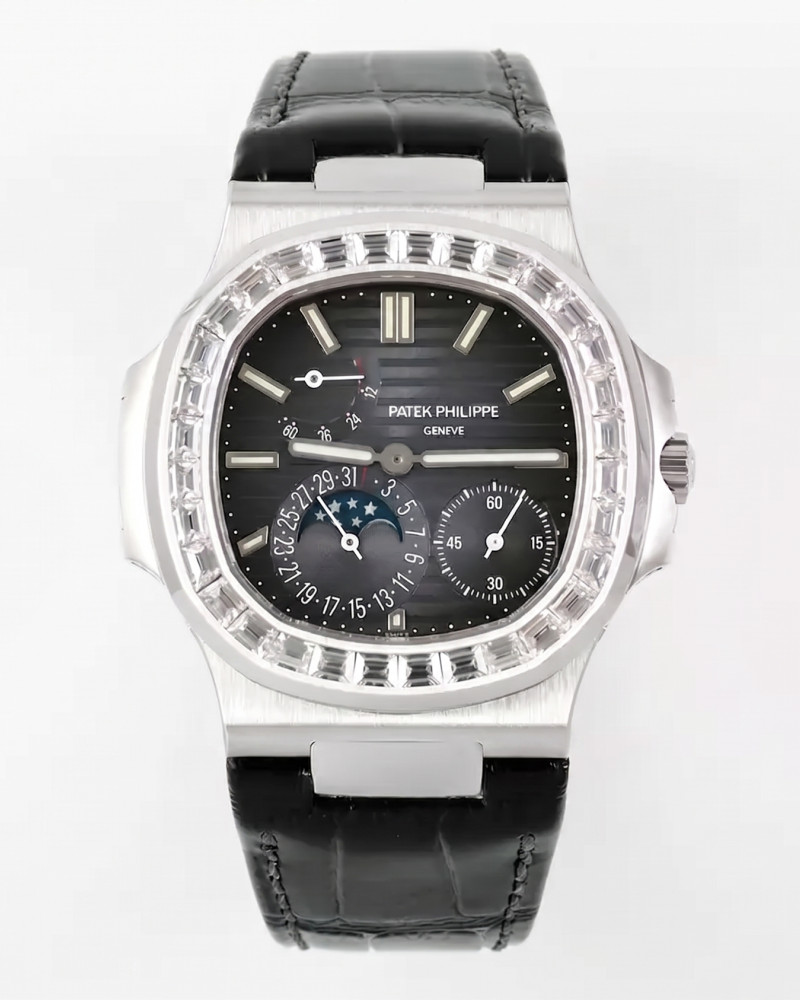 Patek Philippe Nautilus Moonphase Steel Baguette Diamond Bezel Black Dial On Leather Strap
