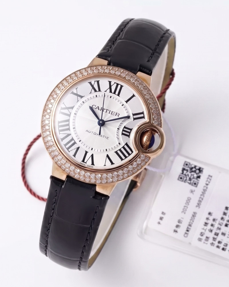 Cartier Ballon Bleu De Cartier Rose Gold Double Row Diamond Bezel White Dial On Black Leather Strap