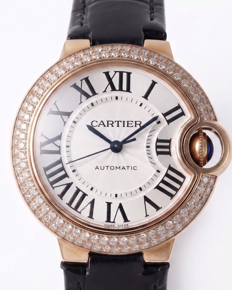 Cartier Ballon Bleu De Cartier Rose Gold Double Row Diamond Bezel White Dial On Black Leather Strap