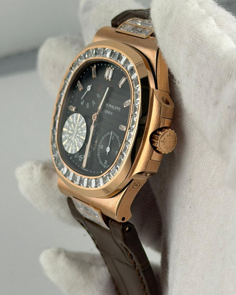 Patek Philippe Nautilus Rose Gold Brown Dial Diamond Baguette Bezel On Brown Leather Strap